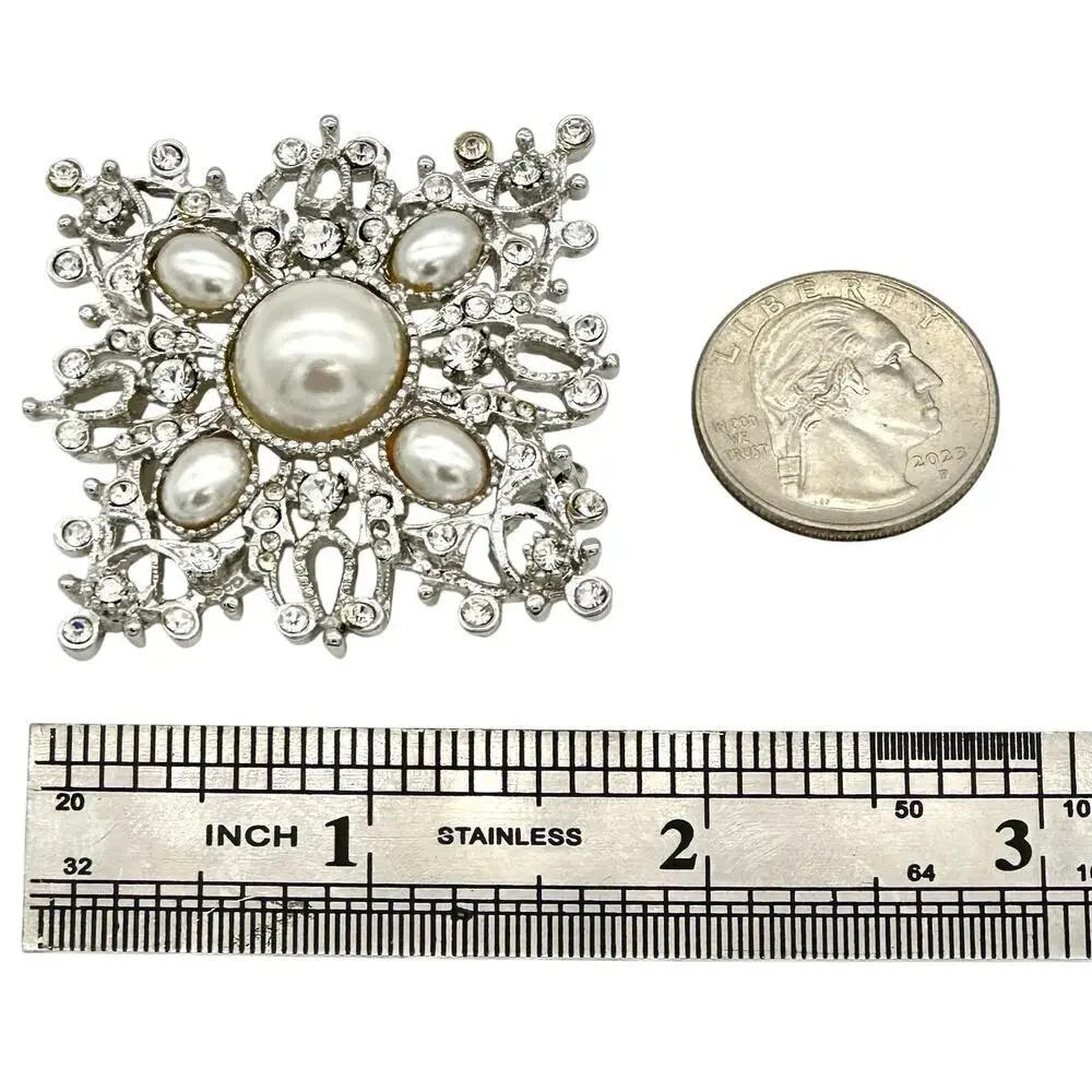 St John Faux Pearl and Rhinestones Silver Tone Brooch Pin Signed Vintage